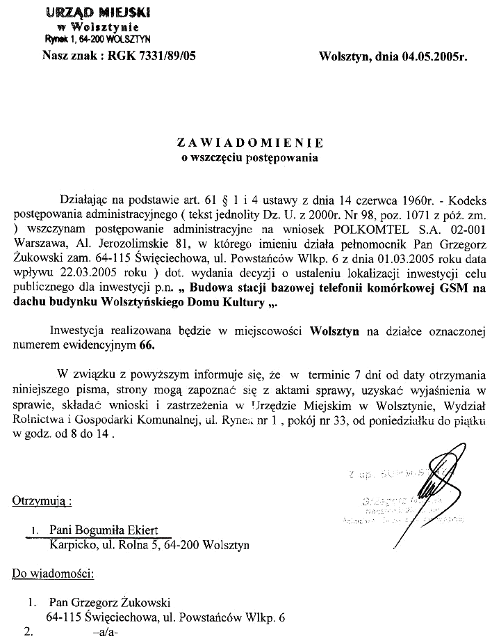 Wolsztyn budowa stacji bazowej Zawiadomienie