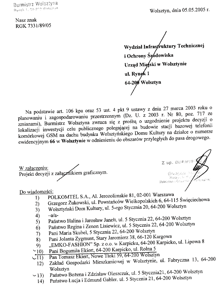 Wolsztyn budowa stacji bazowej Zawiadomienie