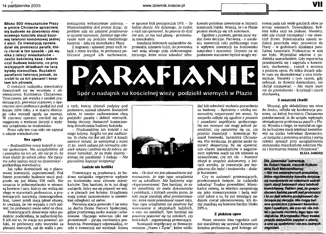 Parafianie, Spór o nadajnik na kościelnej wieży podzielił wiernych w Płazie